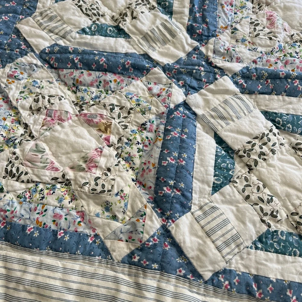 Pair floral quilted standard pillowcase shams cottagecore shabby chic blue white